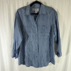 Who's There 100% Silk Blouse Womens Medium Blue Button Long Sleeve Shoulder Pads
